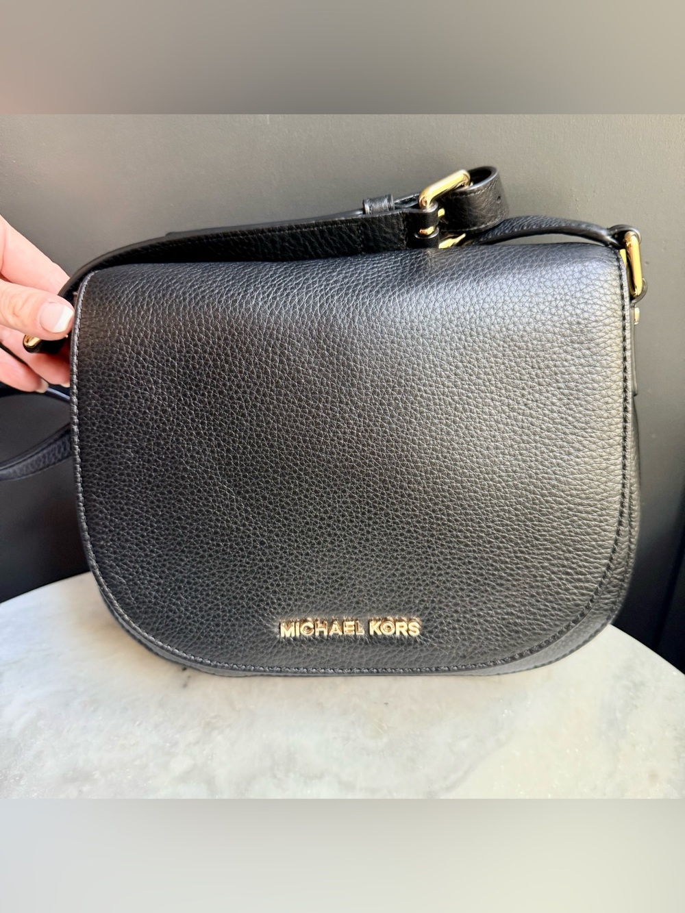 Michael Kors Black Pebbled
Leather Saddle Crossbody Bag - Gold Hardware
